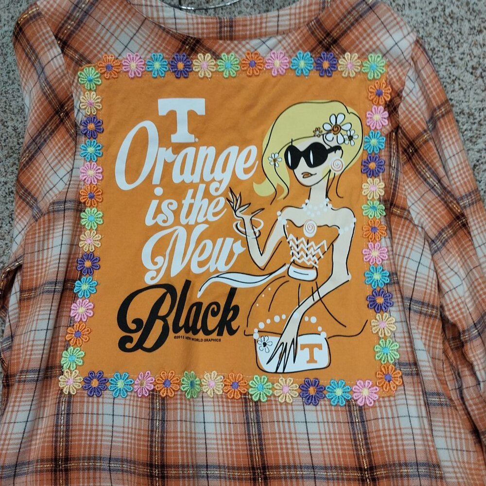 3227 Size 14/16 Cato Upcycled Tenn. Vols Flannel Shirt, Orange is the New Black.